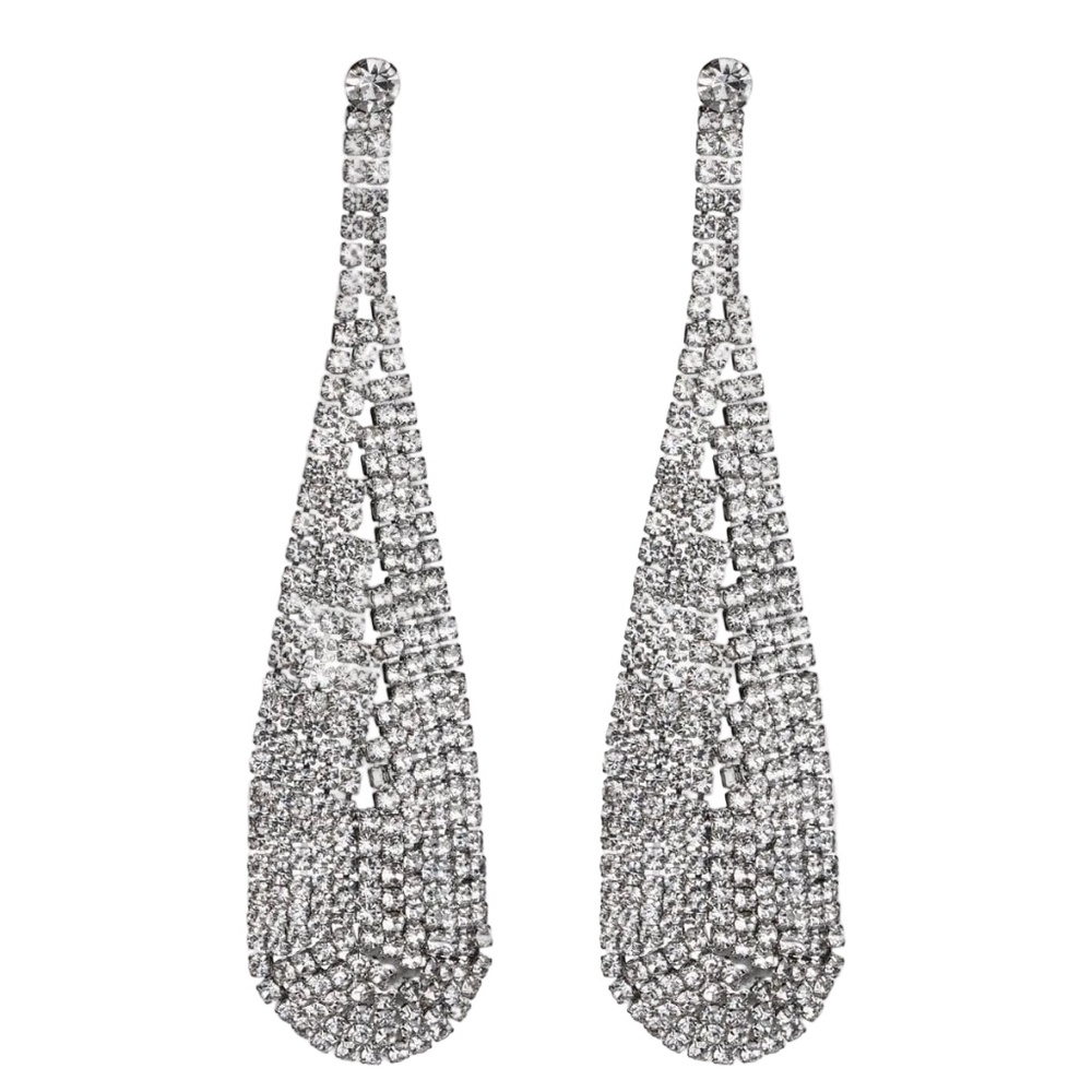 Womens Silver Tone Rhinestone Teardrop Statement‎ Earrings